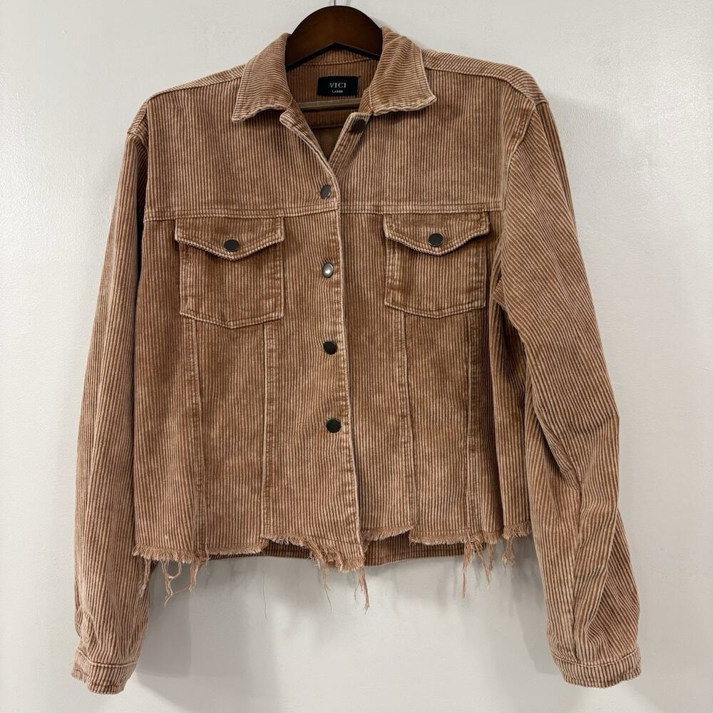 VICI Womens L Brown Corduroy Jacket Raw Frayed Hem Cropped Shacket 100% Cotton